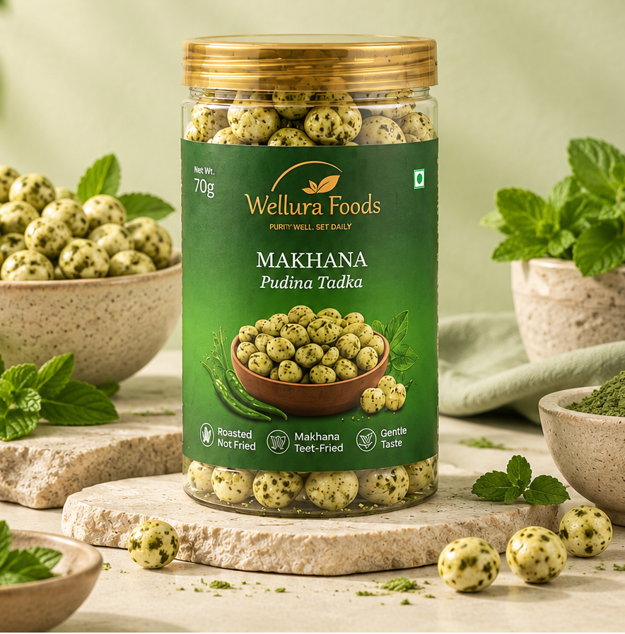 A jar of Wellura Foods Makhana (split chickpeas) is displayed in a styled flat-lay setting with bowls of makhana, mint leaves, and spices on a stone surface. 